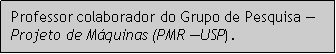 Caixa de texto: Professor colaborador do Grupo de Pesquisa  Projeto de Mquinas (PMR USP).